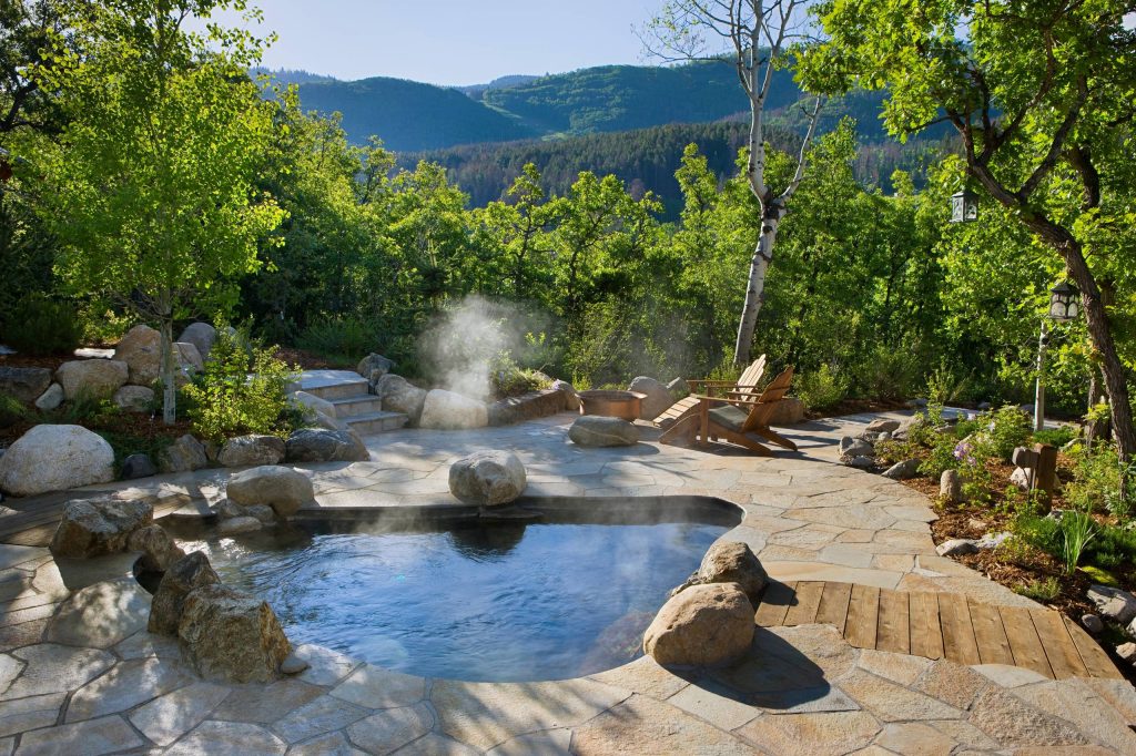 Hot Springs Hot Tub set in Japanese Garden. Design and Build by Trilogy Partners. Landscape concept and design by Chadd Guinn Photo Roger Wade published in Architectural Digest May 2010