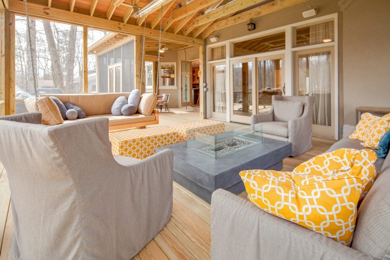 Huge trendy screened-in back porch photo in DC Metro with decking and a roof extension by JEFFCO Development | Outdoor Photos | Porch | Landscaping | Landscape Design | Outdoor Living Space | Porch Design Ideas | Outdoor Living Space Ideas | Backyard Design