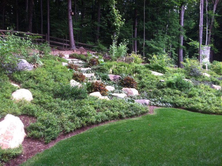 Informal fieldstone steps lead to pathway at top of hill. Groundcover and other perennials are massed on either side of steps to soften edges and stabilize slope.