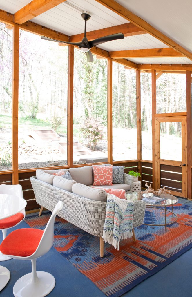 Inspiration for a 1960s screened-in porch remodel in Atlanta with a roof extension by Susie Mae Design | Outdoor Photos | Porch | Landscaping | Landscape Design | Outdoor Living Space | Porch Design Ideas | Outdoor Living Space Ideas | Backyard Design