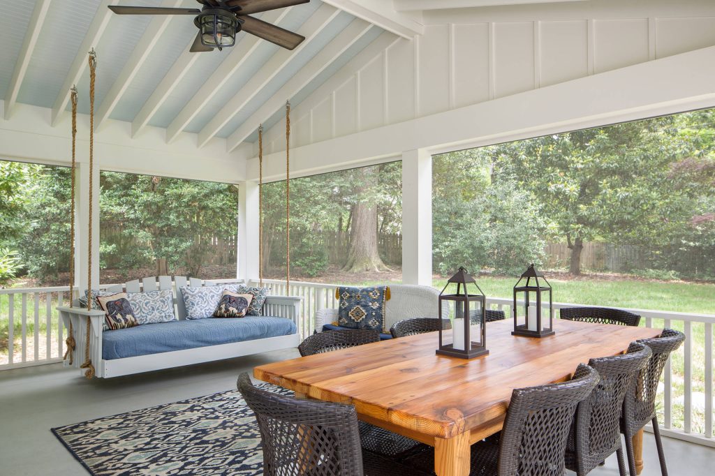 Inspiration for a coastal screened-in back porch remodel in Richmond with a roof extension by QPH Photo, LLC | Outdoor Photos | Porch | Landscaping | Landscape Design | Outdoor Living Space | Porch Design Ideas | Outdoor Living Space Ideas | Backyard Design