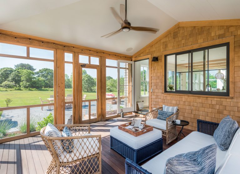 Inspiration for a coastal screened-in porch remodel in Boston with decking and a roof extension by Blue Jay Design LLC | Outdoor Photos | Porch | Landscaping | Landscape Design | Outdoor Living Space | Porch Design Ideas | Outdoor Living Space Ideas | Backyard Design
