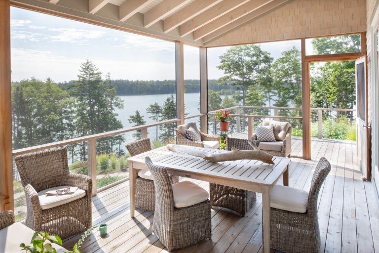 Inspiration for a coastal screened-in porch remodel in Portland Maine with decking and a roof extension by Whitten Architects | Outdoor Photos | Porch | Landscaping | Landscape Design | Outdoor Living Space | Porch Design Ideas | Outdoor Living Space Ideas | Backyard Design