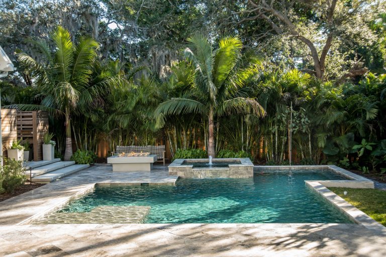 Inspiration for a contemporary backyard tile and custom-shaped pool fountain remodel in Tampa