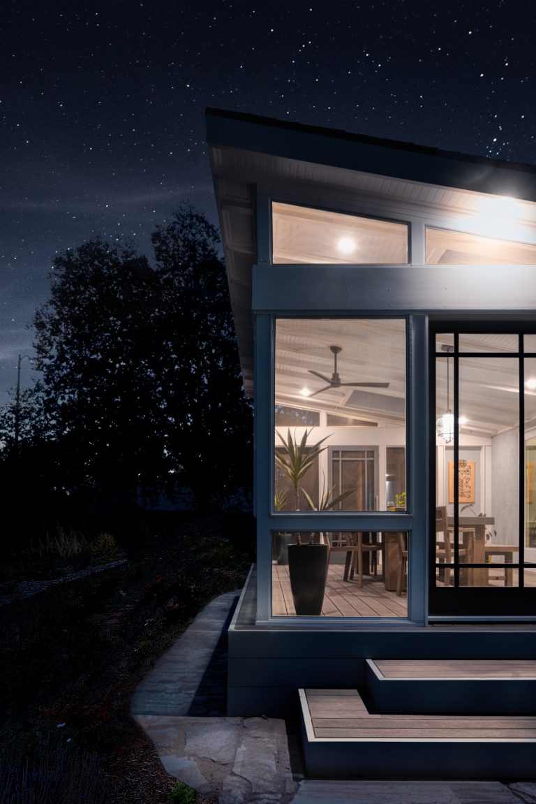 Inspiration for a contemporary screened-in back porch remodel in Sacramento with decking and a roof extension by MAK Design + Build Inc. | Outdoor Photos | Porch | Landscaping | Landscape Design | Outdoor Living Space | Porch Design Ideas | Outdoor Living Space Ideas | Backyard Design