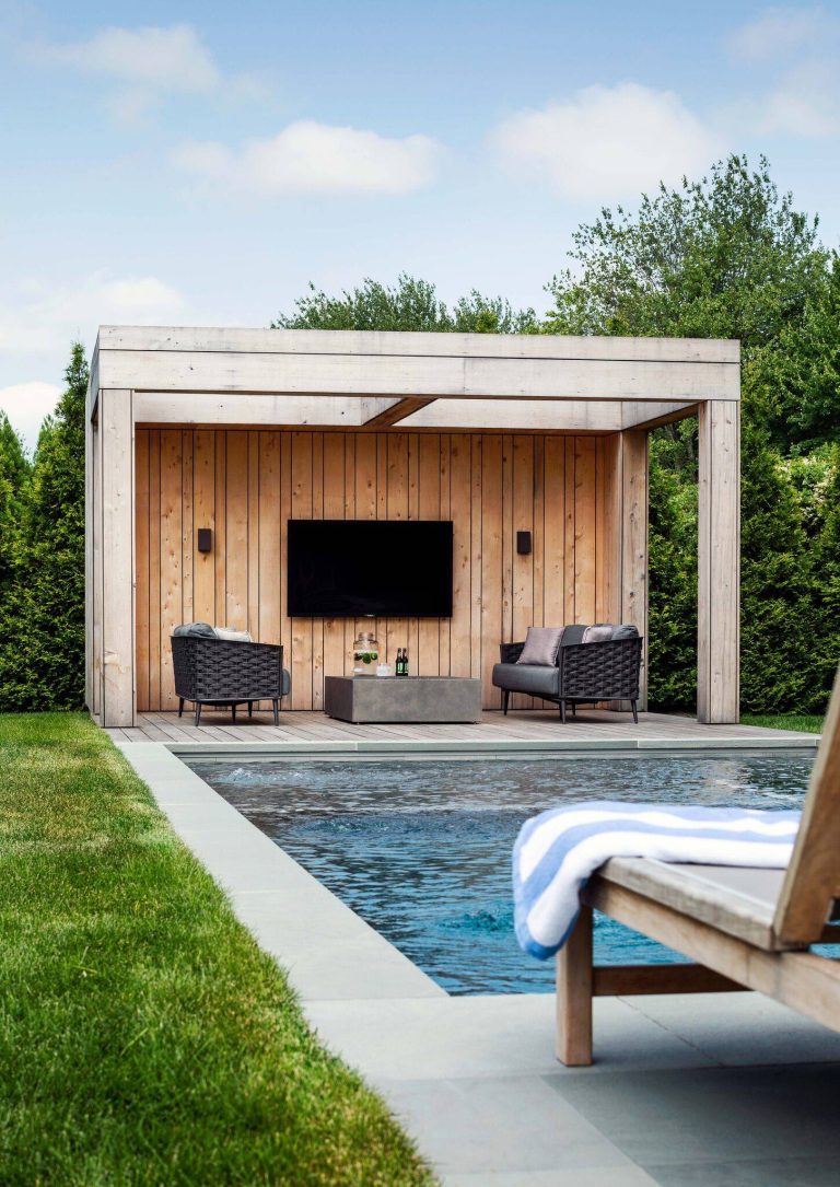 Inspiration for a country backyard rectangular pool house remodel in New York