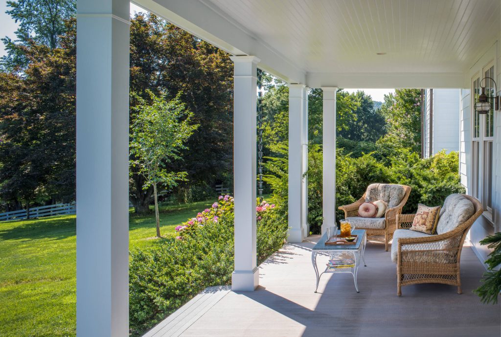 Inspiration for a farmhouse front porch remodel in DC Metro with decking and a roof extension by Lauten Construction | Outdoor Photos | Porch | Landscaping | Landscape Design | Outdoor Living Space | Porch Design Ideas | Outdoor Living Space Ideas | Backyard Design