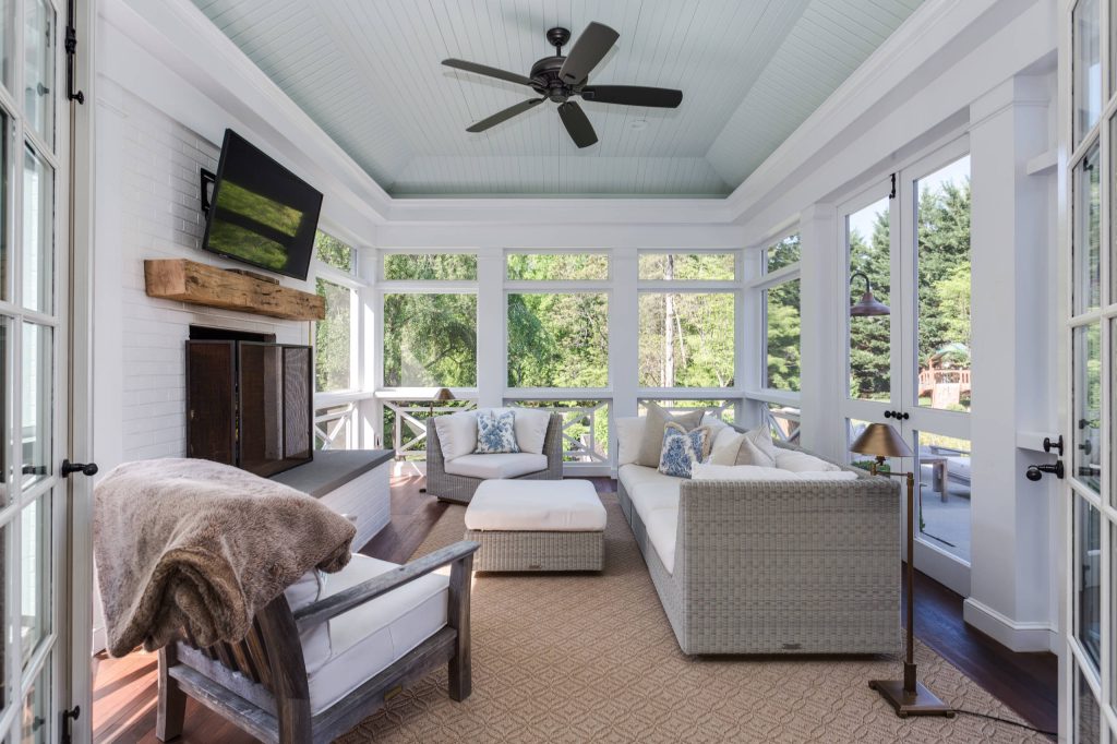 Inspiration for a farmhouse screened-in porch remodel in Other with decking and a roof extension by M Design Architects | Outdoor Photos | Porch | Landscaping | Landscape Design | Outdoor Living Space | Porch Design Ideas | Outdoor Living Space Ideas | Backyard Design