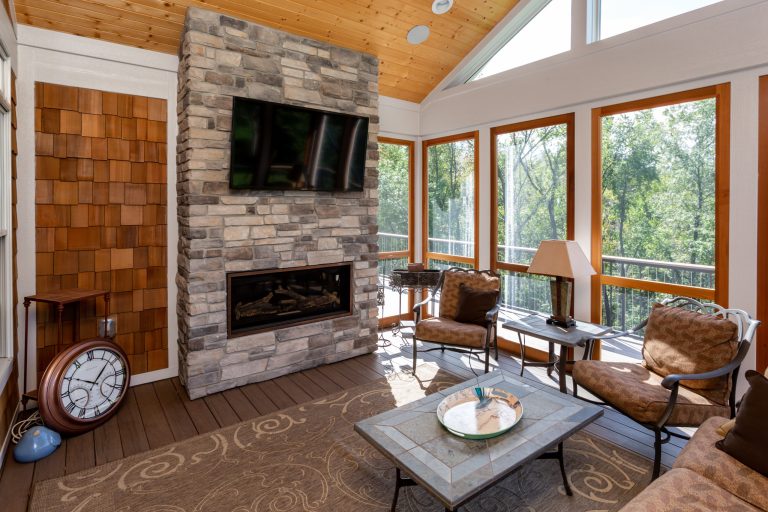 Inspiration for a french country porch remodel in Other by Strahan Construction | Outdoor Photos | Porch | Landscaping | Landscape Design | Outdoor Living Space | Porch Design Ideas | Outdoor Living Space Ideas | Backyard Design