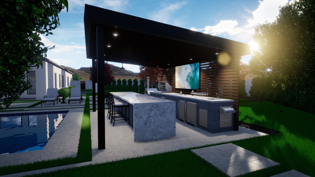 Inspiration for a large backyard stone patio kitchen remodel in Phoenix with a gazebo