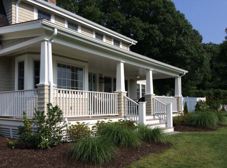 Inspiration for a large cottage front porch remodel in Providence with decking and a roof extension by Oden Home | Outdoor Photos | Porch | Landscaping | Landscape Design | Outdoor Living Space | Porch Design Ideas | Outdoor Living Space Ideas | Backyard Design