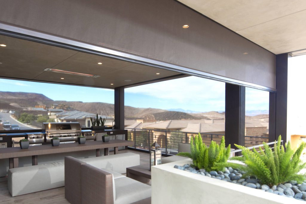 Inspiration for a large modern tile back porch remodel in Other with a roof extension and a fire pit by Phantom Screens | Outdoor Photos | Porch | Landscaping | Landscape Design | Outdoor Living Space | Porch Design Ideas | Outdoor Living Space Ideas | Backyard Design