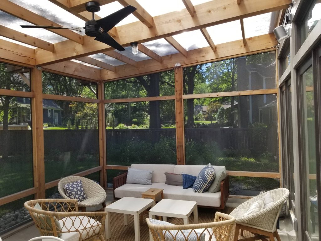 Inspiration for a large transitional screened-in and wood railing back porch remodel in Kansas City by Meridian Construction Corp. | Outdoor Photos | Porch | Landscaping | Landscape Design | Outdoor Living Space | Porch Design Ideas | Outdoor Living Space Ideas | Backyard Design