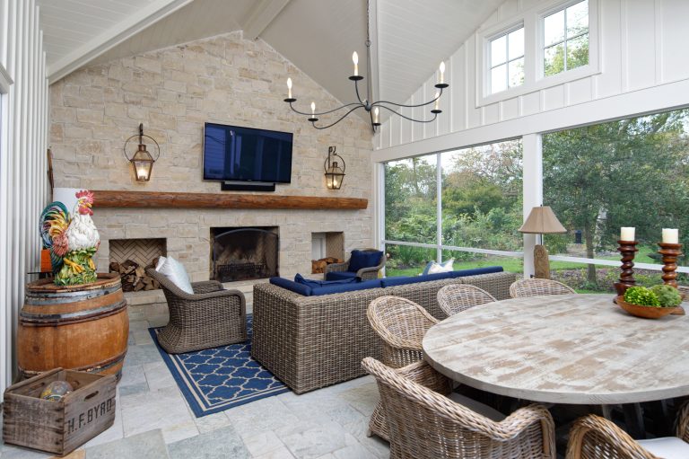 Inspiration for a large transitional stone back porch remodel in Wilmington with a fireplace and a roof extension by Dewson Construction Company | Outdoor Photos | Porch | Landscaping | Landscape Design | Outdoor Living Space | Porch Design Ideas | Outdoor Living Space Ideas | Backyard Design