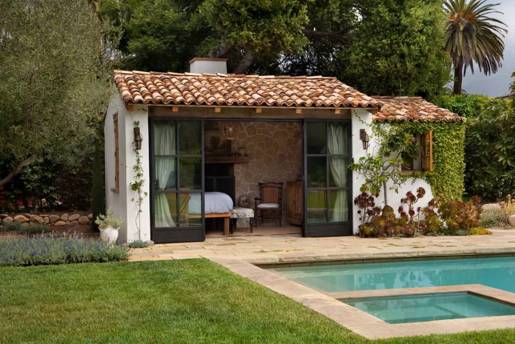 Inspiration for a mediterranean backyard rectangular pool house remodel in Santa Barbara