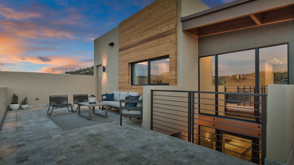 Inspiration for a mid-sized contemporary porch remodel in Phoenix with a roof extension by Hidden Rock At Cave Creek | Outdoor Photos | Porch | Landscaping | Landscape Design | Outdoor Living Space | Porch Design Ideas | Outdoor Living Space Ideas | Backyard Design
