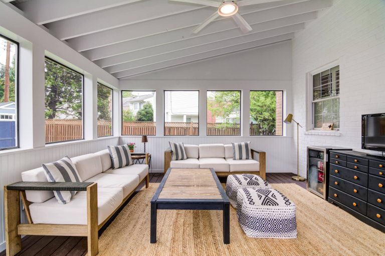 Inspiration for a mid-sized contemporary screened-in back porch remodel in DC Metro with decking and a roof extension by Atlas Moran Construction | Outdoor Photos | Porch | Landscaping | Landscape Design | Outdoor Living Space | Porch Design Ideas | Outdoor Living Space Ideas | Backyard Design