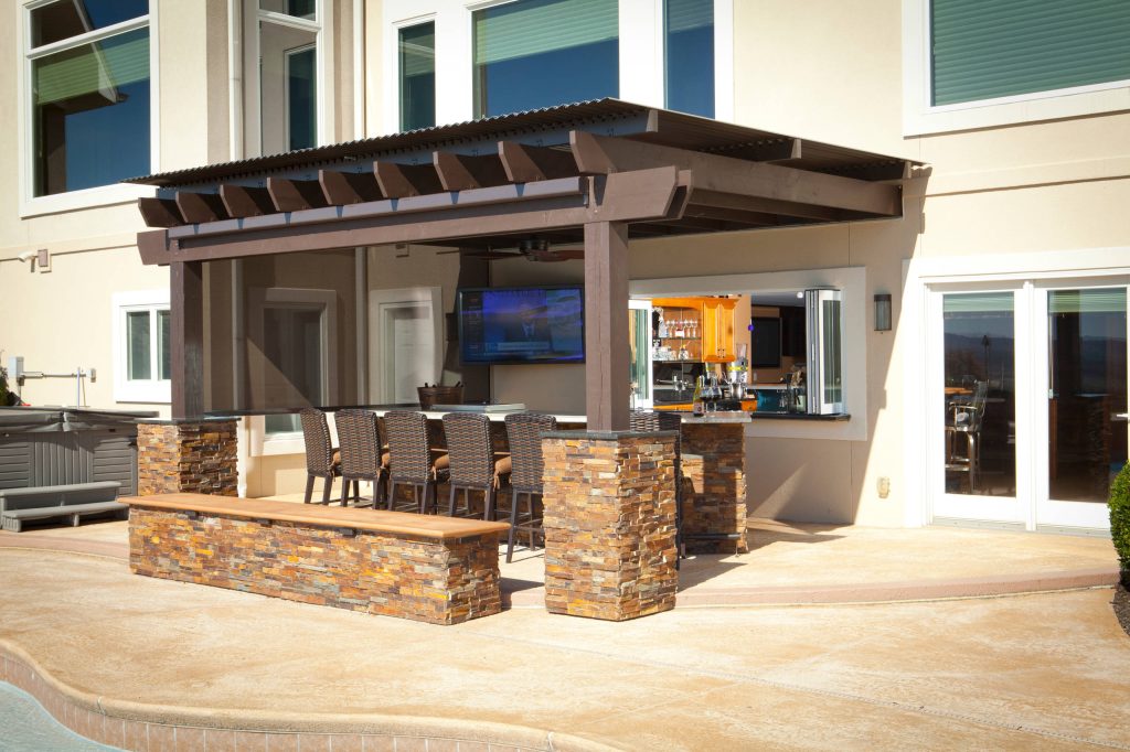 Inspiration for a mid-sized mediterranean concrete back porch remodel in Louisville with a pergola by American Louvered Roof Systems | Outdoor Photos | Porch | Landscaping | Landscape Design | Outdoor Living Space | Porch Design Ideas | Outdoor Living Space Ideas | Backyard Design
