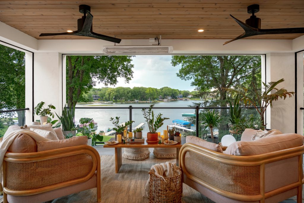 Inspiration for a mid-sized mediterranean stone screened-in and mixed material railing back porch remodel in Minneapolis with a pergola by Mom's Design Build | Outdoor Photos | Porch | Landscaping | Landscape Design | Outdoor Living Space | Porch Design Ideas | Outdoor Living Space Ideas | Backyard Design