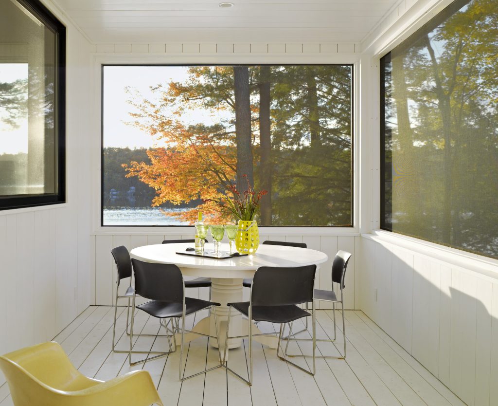 Inspiration for a mid-sized rustic screened-in porch remodel in Burlington with a roof extension by Birdseye Design | Outdoor Photos | Porch | Landscaping | Landscape Design | Outdoor Living Space | Porch Design Ideas | Outdoor Living Space Ideas | Backyard Design