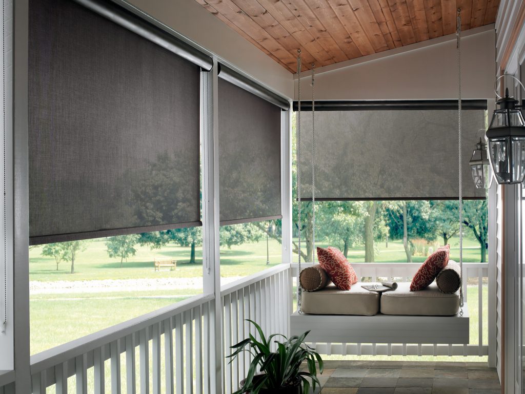 Inspiration for a mid-sized timeless tile front porch remodel in Charleston with a roof extension by Budget Blinds of Hilton Head Island | Outdoor Photos | Porch | Landscaping | Landscape Design | Outdoor Living Space | Porch Design Ideas | Outdoor Living Space Ideas | Backyard Design