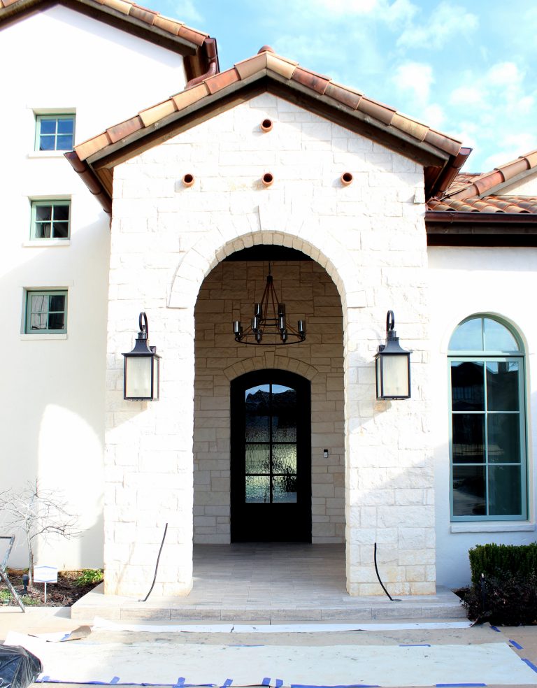 Inspiration for a mid-sized timeless tile front porch remodel in Dallas with a roof extension by The Good Guys | Outdoor Photos | Porch | Landscaping | Landscape Design | Outdoor Living Space | Porch Design Ideas | Outdoor Living Space Ideas | Backyard Design