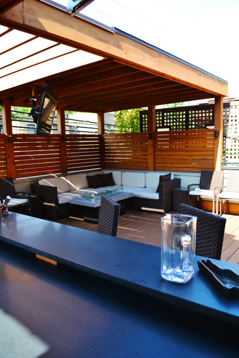 Inspiration for a mid-sized transitional rooftop outdoor kitchen deck remodel in Chicago with a roof extension