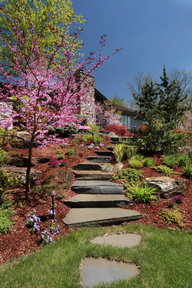 Inspiration for a mid-sized traditional full sun backyard stone landscaping in Grand Rapids.