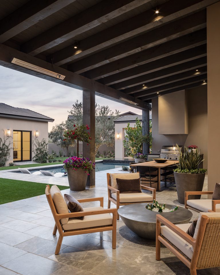 Inspiration for a modern backyard tile patio kitchen remodel in Phoenix