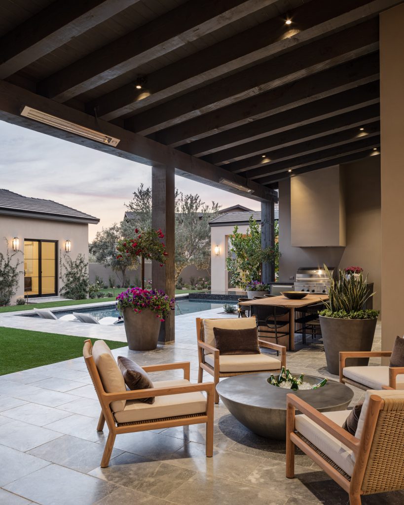 Inspiration for a modern backyard tile patio kitchen remodel in Phoenix