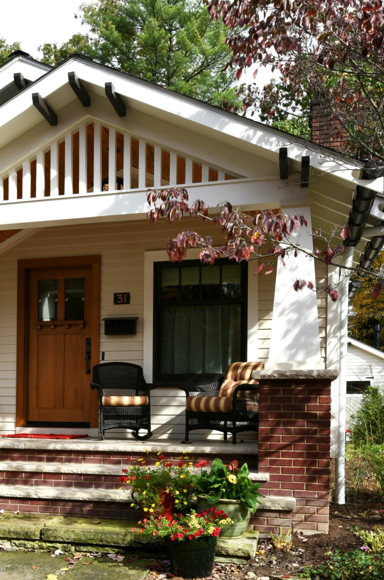 Inspiration for a small craftsman front porch remodel in Cleveland with a roof extension by | Outdoor Photos | Porch | Landscaping | Landscape Design | Outdoor Living Space | Porch Design Ideas | Outdoor Living Space Ideas | Backyard Design