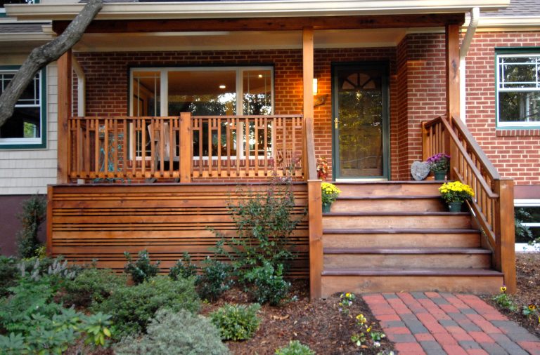 Inspiration for a small craftsman front porch remodel in DC Metro with a roof extension by Schroeder Design/Build, Inc. | Outdoor Photos | Porch | Landscaping | Landscape Design | Outdoor Living Space | Porch Design Ideas | Outdoor Living Space Ideas | Backyard Design