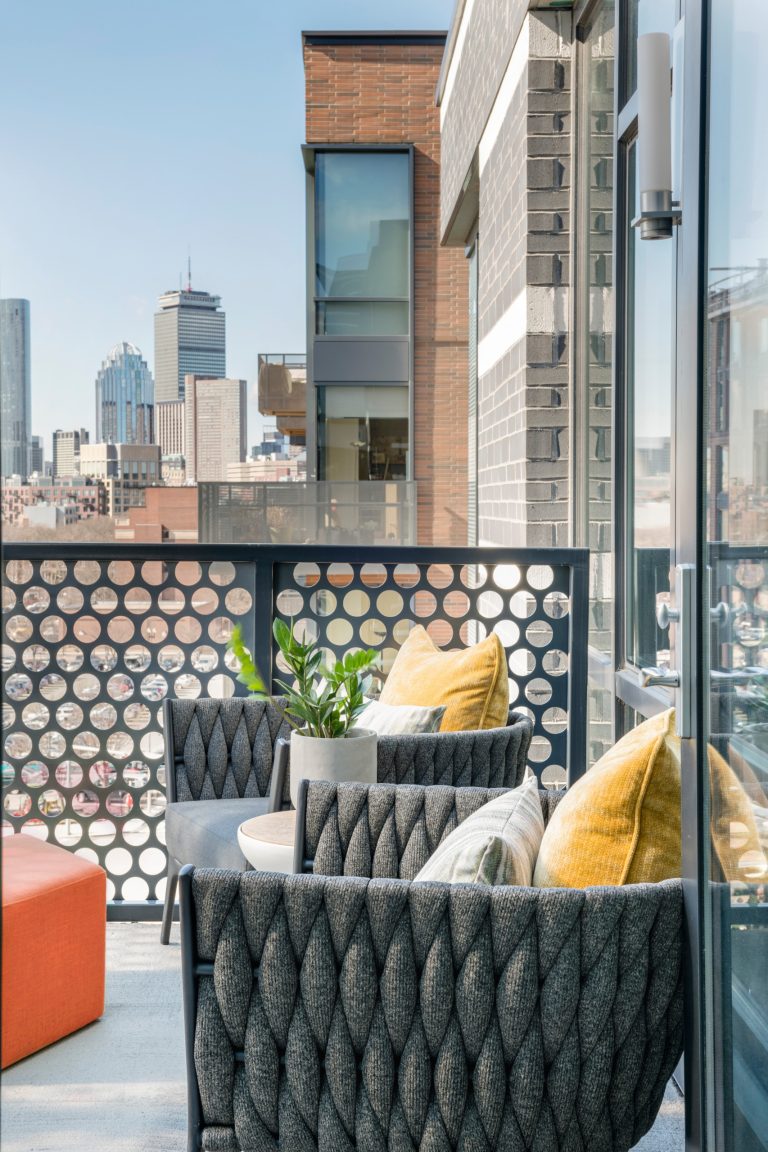 Inspiration for a small modern stamped concrete metal railing side porch remodel in Boston by Trevor Fulmer Design | Outdoor Photos | Porch | Landscaping | Landscape Design | Outdoor Living Space | Porch Design Ideas | Outdoor Living Space Ideas | Backyard Design