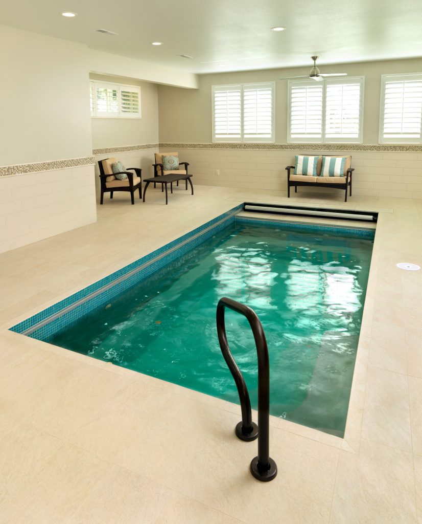 Inspiration for a small transitional indoor tile and rectangular pool remodel in Other