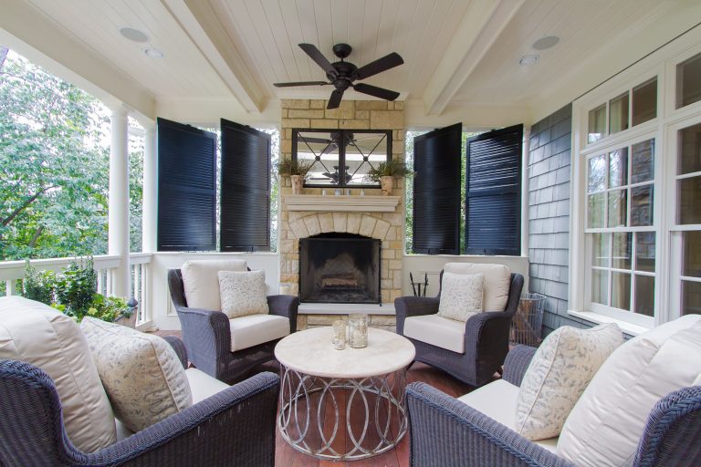 Inspiration for a timeless porch remodel in Atlanta with a fire pit, decking and a roof extension by Abbey Construction Company, Inc. | Outdoor Photos | Porch | Landscaping | Landscape Design | Outdoor Living Space | Porch Design Ideas | Outdoor Living Space Ideas | Backyard Design