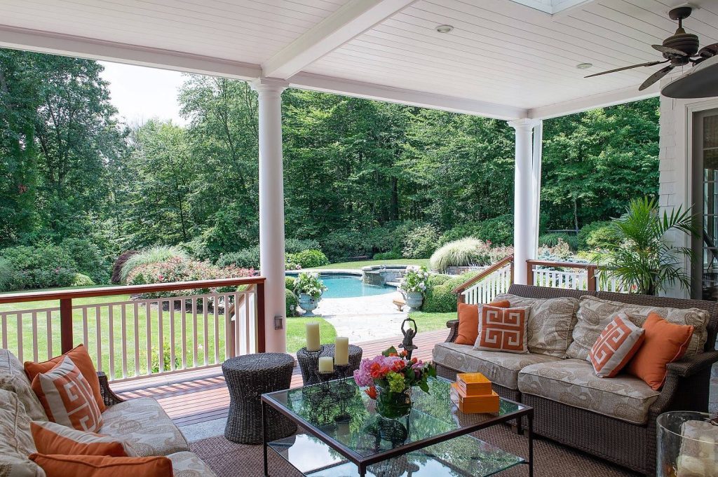 Inspiration for a transitional back porch remodel in New York with a roof extension by WBCH Team | Outdoor Photos | Porch | Landscaping | Landscape Design | Outdoor Living Space | Porch Design Ideas | Outdoor Living Space Ideas | Backyard Design