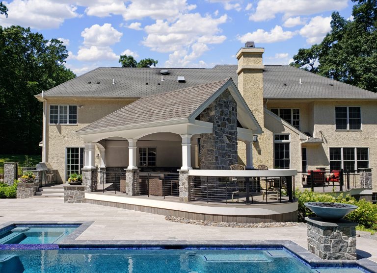 Inspiration for a transitional metal railing back porch remodel in Other with a fireplace by Keystone Custom Decks | Outdoor Photos | Porch | Landscaping | Landscape Design | Outdoor Living Space | Porch Design Ideas | Outdoor Living Space Ideas | Backyard Design