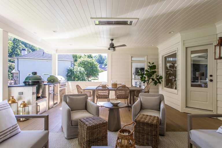 Inspiration for a transitional porch remodel in Atlanta with decking and a roof extension by Renew Properties | Outdoor Photos | Porch | Landscaping | Landscape Design | Outdoor Living Space | Porch Design Ideas | Outdoor Living Space Ideas | Backyard Design