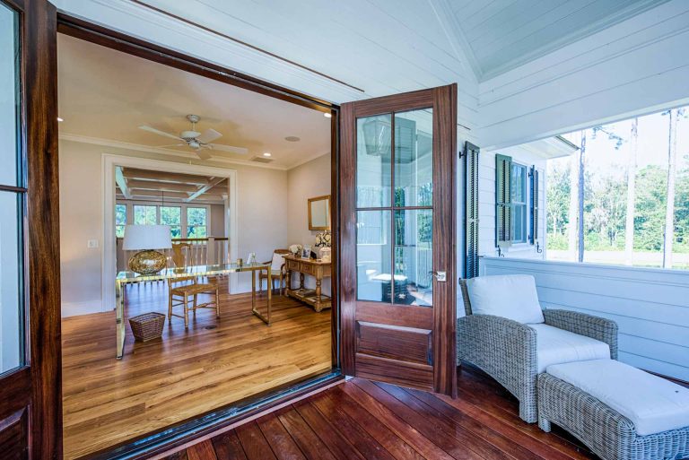 Ipe hardwood porch floor, mahogany doors, white oak hardwood sitting room floor.