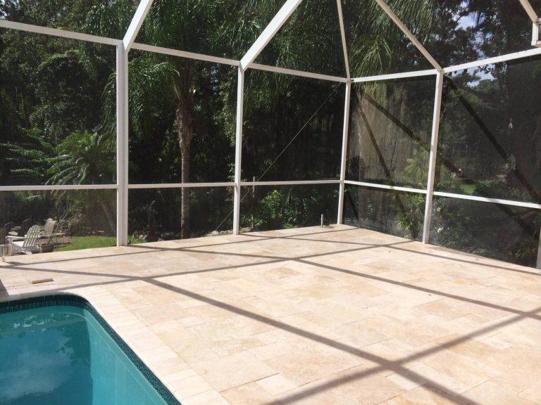 Ivory French Pattern Select Travertine Pavers & Ivory Select Travertine Pool Coping. For more information and selection, please visit www.travertinewarehouse.com.