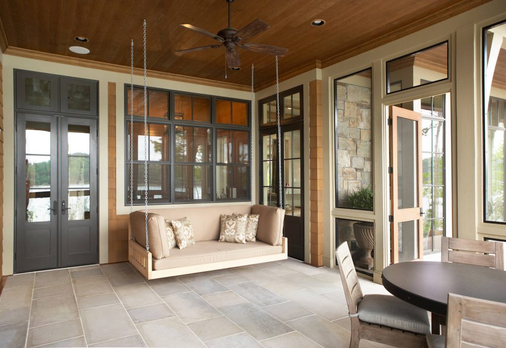 Lake Front Country Estate Sleeping Porch, designed by Tom Markalunas, built by Resort Custom Homes. Photography by Rachael Boling.