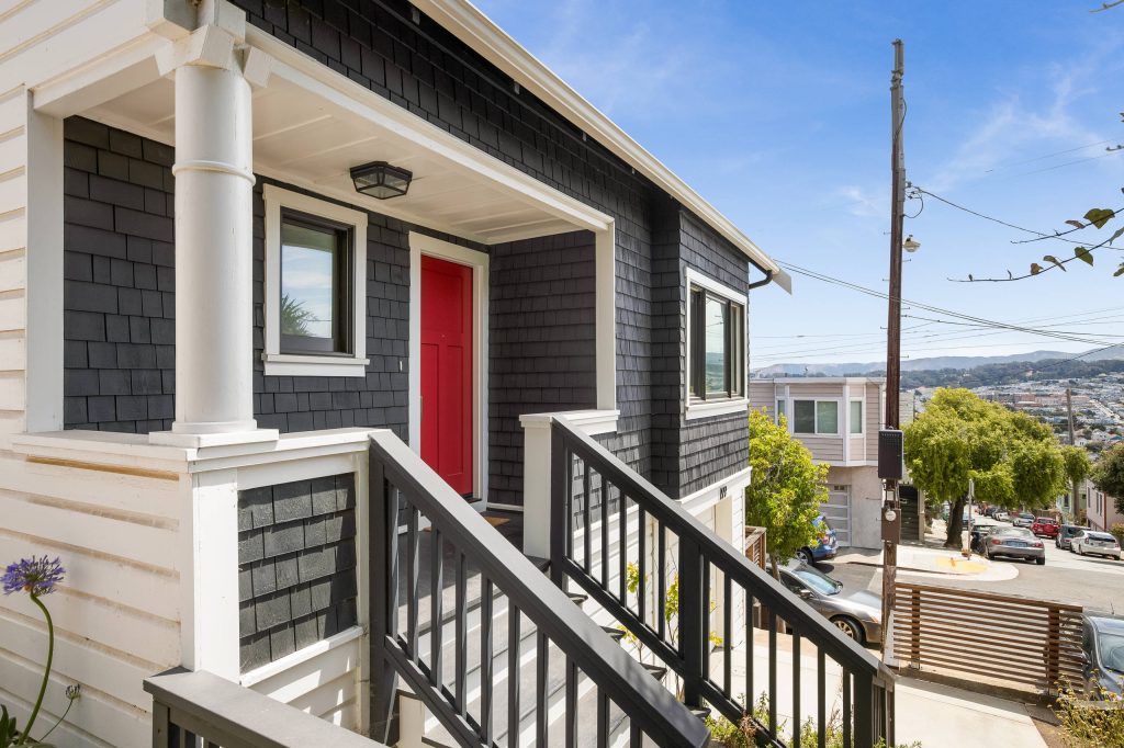 Large arts and crafts front porch photo in San Francisco with a roof extension by Architect Mason Kirby Inc. | Outdoor Photos | Porch | Landscaping | Landscape Design | Outdoor Living Space | Porch Design Ideas | Outdoor Living Space Ideas | Backyard Design