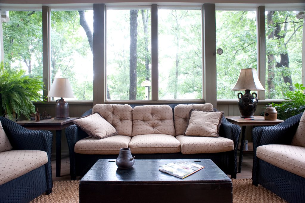 Large arts and crafts screened-in back porch photo in Birmingham with decking and a roof extension by JDW Construction INC | Outdoor Photos | Porch | Landscaping | Landscape Design | Outdoor Living Space | Porch Design Ideas | Outdoor Living Space Ideas | Backyard Design