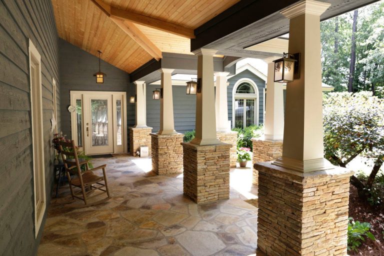 Large arts and crafts stone front porch photo in Atlanta with a roof extension by 5th Generation Contracting | Outdoor Photos | Porch | Landscaping | Landscape Design | Outdoor Living Space | Porch Design Ideas | Outdoor Living Space Ideas | Backyard Design