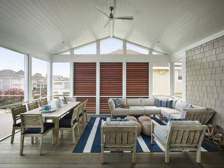 Large beach style screened-in side porch photo in Other with decking and a roof extension by Scott Edmonston Architecture Studio | Outdoor Photos | Porch | Landscaping | Landscape Design | Outdoor Living Space | Porch Design Ideas | Outdoor Living Space Ideas | Backyard Design