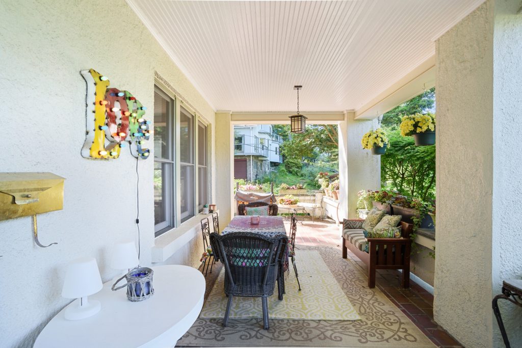 Large classic brick front porch idea in New York by Fuller House Design | Outdoor Photos | Porch | Landscaping | Landscape Design | Outdoor Living Space | Porch Design Ideas | Outdoor Living Space Ideas | Backyard Design