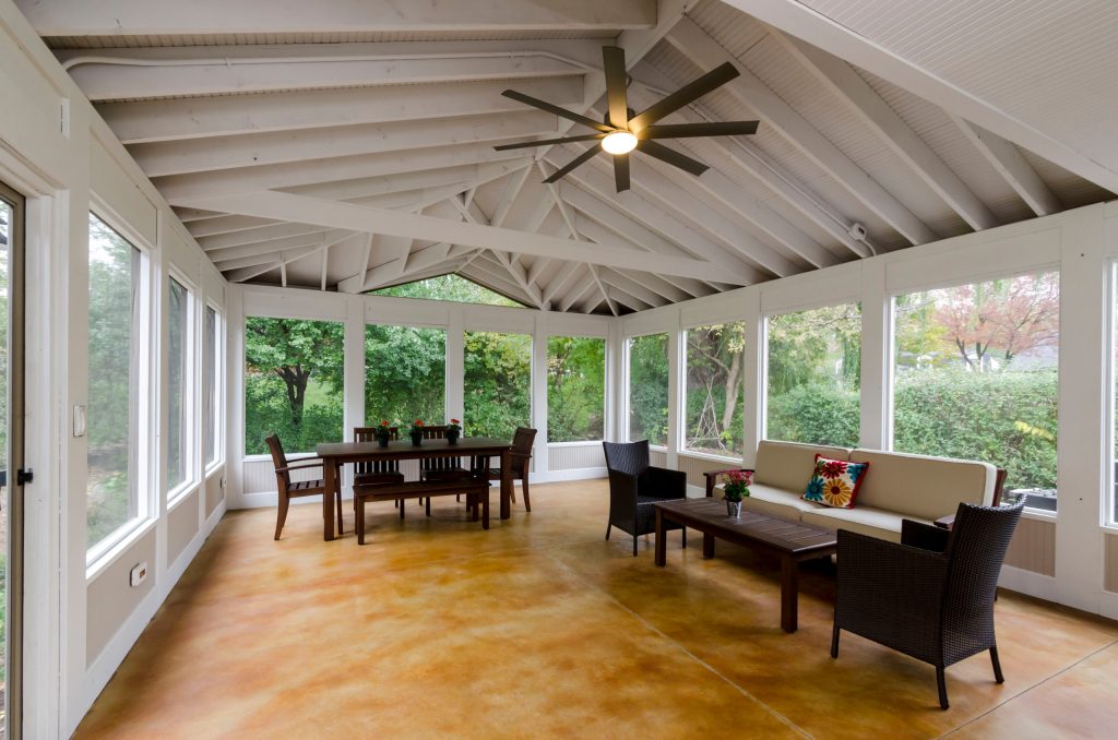 Large classic concrete screened-in back porch idea in Chicago with a roof extension by Synergy Builders Inc. | Outdoor Photos | Porch | Landscaping | Landscape Design | Outdoor Living Space | Porch Design Ideas | Outdoor Living Space Ideas | Backyard Design