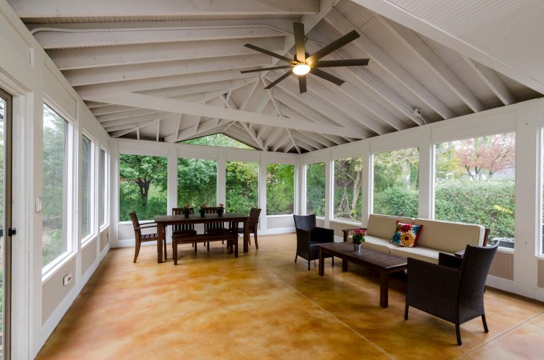 Large classic concrete screened-in back porch idea in Chicago with a roof extension by Synergy Builders Inc. | Outdoor Photos | Porch | Landscaping | Landscape Design | Outdoor Living Space | Porch Design Ideas | Outdoor Living Space Ideas | Backyard Design