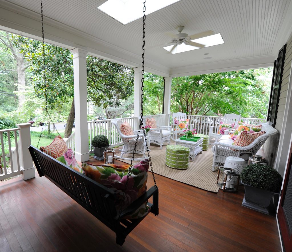 Large classic front porch idea in DC Metro with a roof extension and decking by Susan Feffer Interiors | Outdoor Photos | Porch | Landscaping | Landscape Design | Outdoor Living Space | Porch Design Ideas | Outdoor Living Space Ideas | Backyard Design