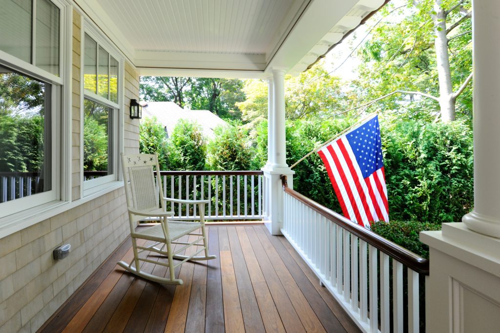Large classic front porch idea in New York with decking and a roof extension by Birdseye Design | Outdoor Photos | Porch | Landscaping | Landscape Design | Outdoor Living Space | Porch Design Ideas | Outdoor Living Space Ideas | Backyard Design